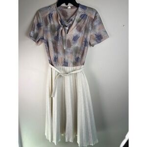 Vintage 80s Abstract Print Neck Tie Midi Dress Belted Pleated Skirt Womens Sz 14